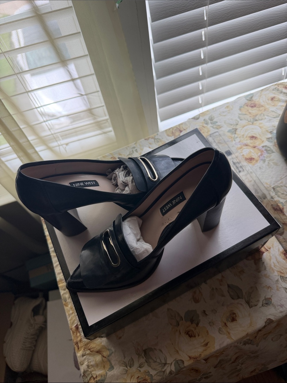 Nine West Navy Blue Pointed Toe Slip-On Loafers with Gold Accent